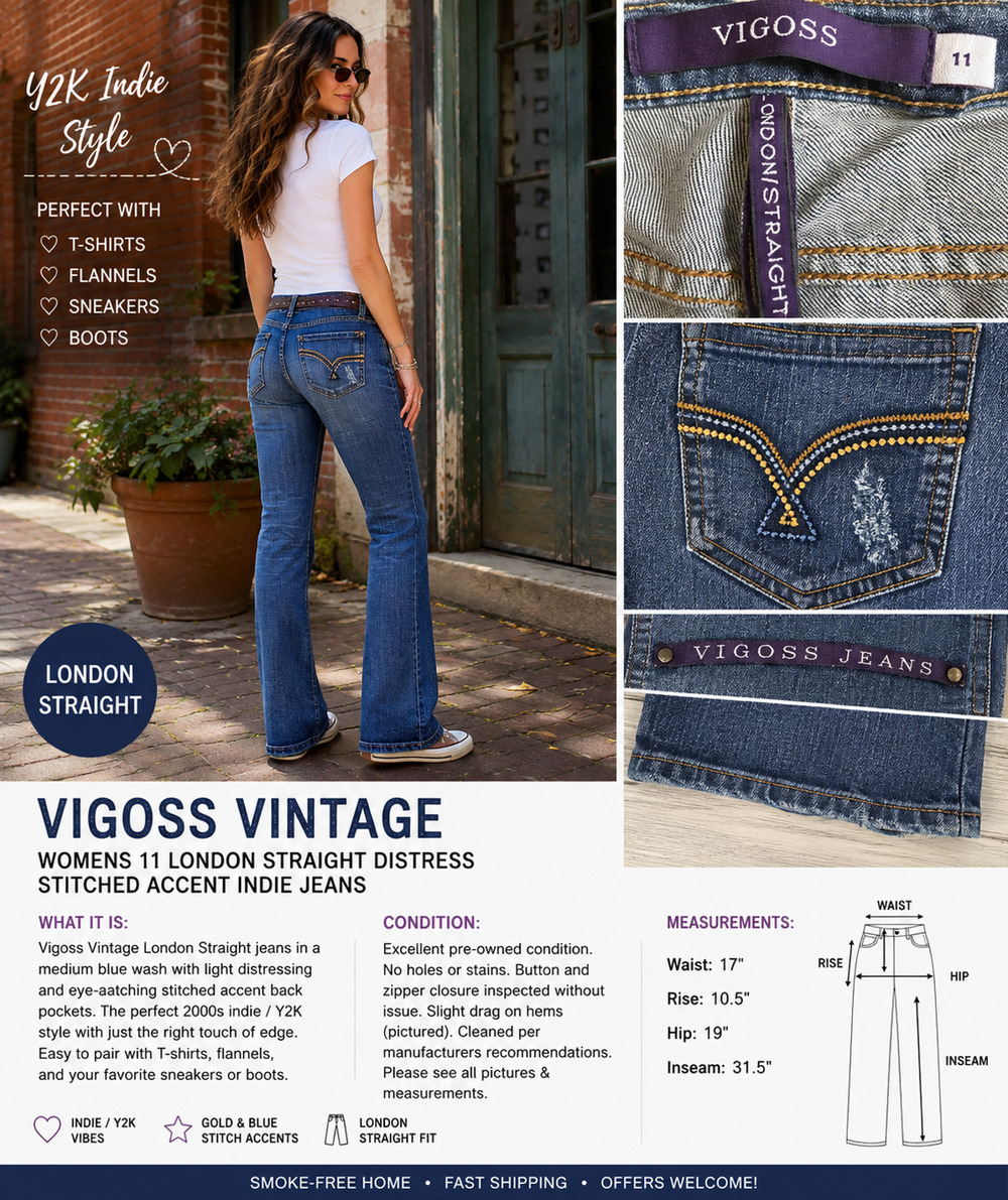 Vigoss Womens 11 London Straight Jeans Y2K Distressed Embroidered Pockets
